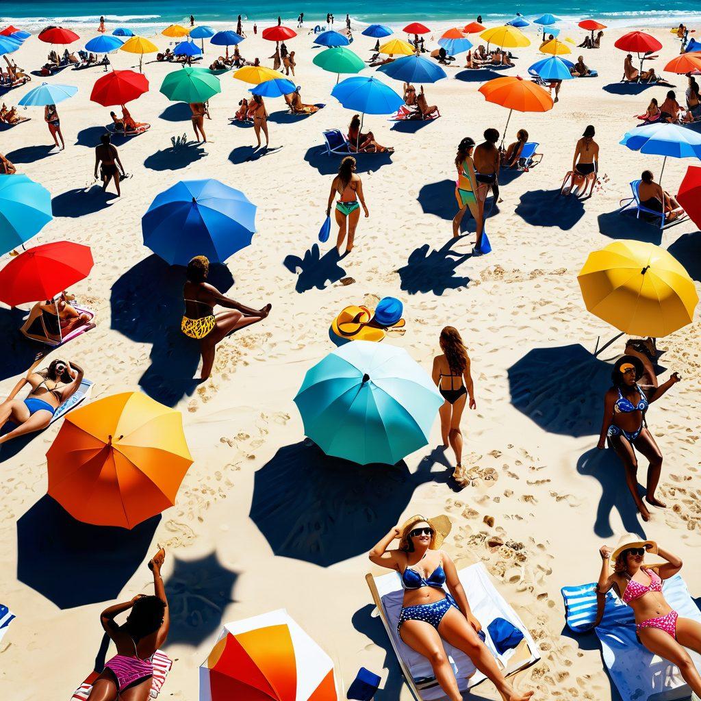 A vibrant beach scene featuring diverse individuals showcasing stylish swimsuits suited for various body types, with colorful beach umbrellas and waves in the background. Incorporate elements like sun hats, sunglasses, and playful beach accessories to enhance the summer vibe. Ensure bright colors and a lively atmosphere that evokes a sense of fun and inclusivity. super-realistic. vibrant colors. warm sunlight.