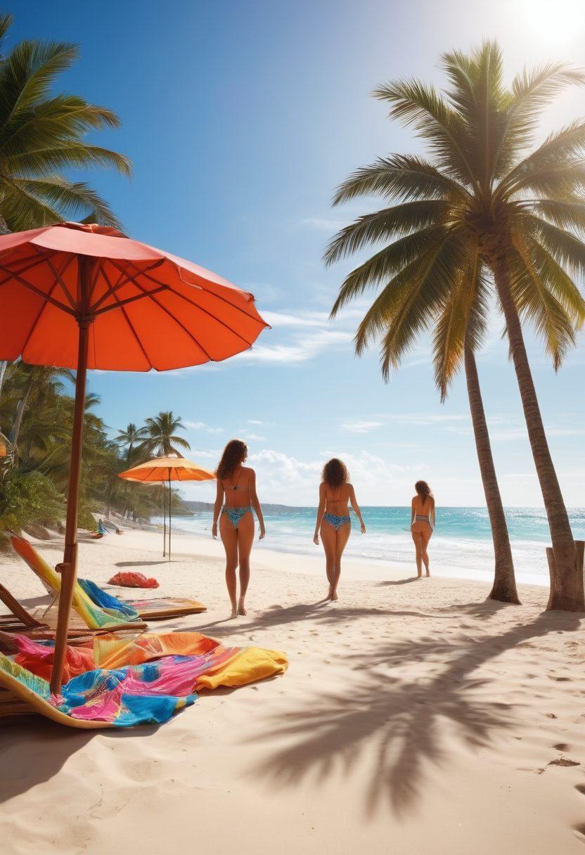A stylish beach scene featuring a diverse group of fashionable individuals showcasing the latest swimwear trends. Include vibrant swim trunks, chic bikinis, and accessorized beach outfits. The background should have a sunny sky, palm trees, and a shimmering ocean to evoke a sense of luxury and fun. Add elements like colorful beach umbrellas and surfboards for a dynamic summer vibe. super-realistic. vibrant colors. tropical theme.