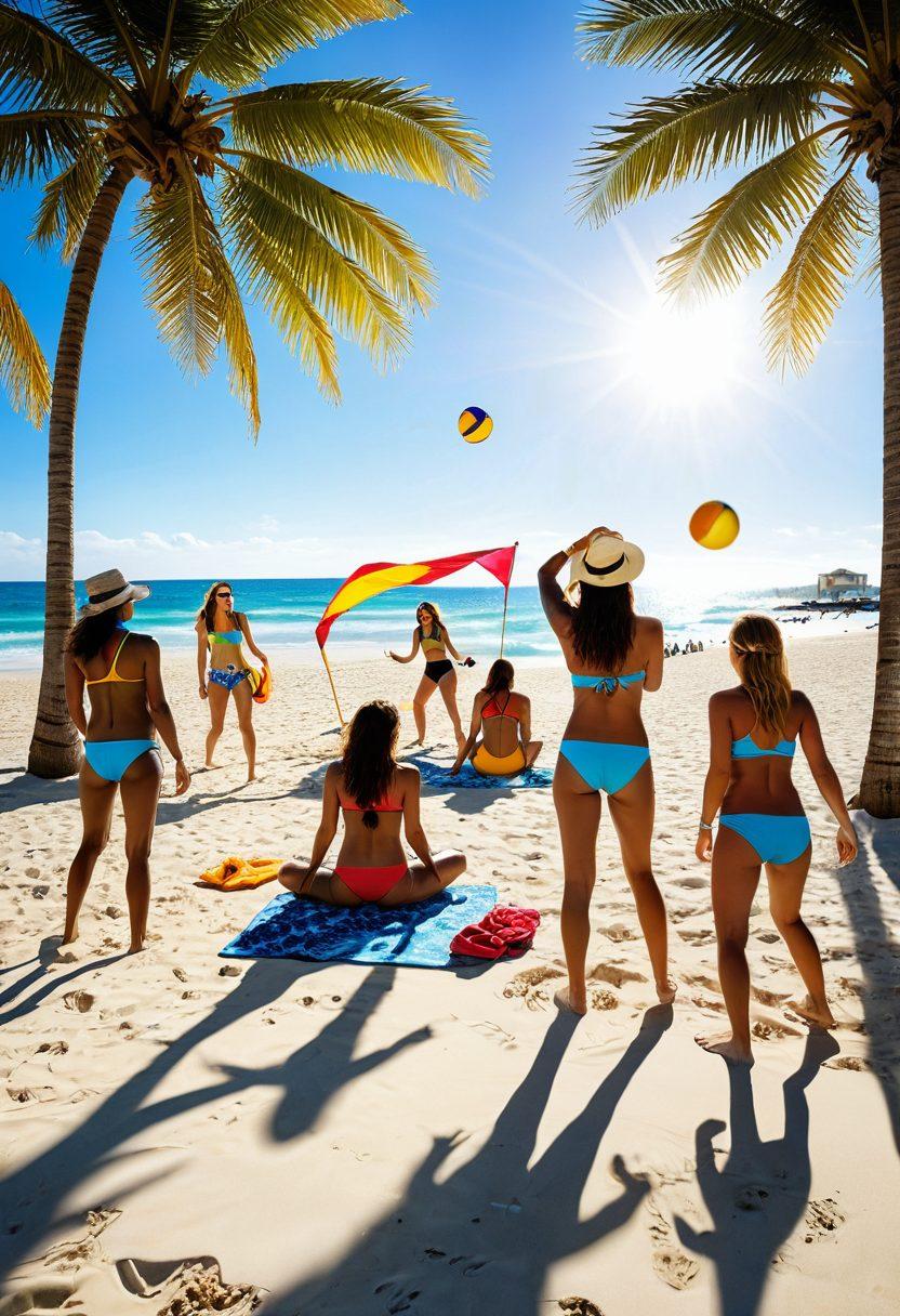 A vibrant beach scene featuring models showcasing the latest bikini trends in various styles and colors, surrounded by palm trees and sandy shores. Include beach accessories like sunglasses, hats, and towels, with a bright sun shining in a clear blue sky. Capture a lively and fun atmosphere with people playing beach volleyball and splashing in the waves. super-realistic. vibrant colors. tropical vibes.